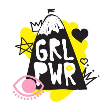 GRL PWR short quote. Girl Power cute hand drawing illustration for print, brochure, greeting card, bag, clothing. To stick on laptop, phone, wall. Modern motivational text, feminist tattoo trend