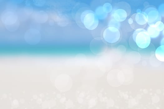 Abstract sea background. Abstract sandy summer beach background with bokeh lights on light blue sky. Beautiful texture. Space.