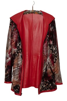 Red womans leather coat. Luxurious elegant bright female red leather coat on a hanger isolated on a white background. Fashionable stylish new collection of woman clothes.