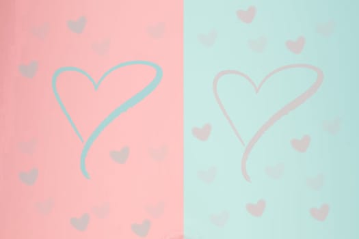 Abstract festive blur bright blue pastel background with pink hearts love bokeh for wedding card or Valentine‘s day.  Romantic textured backdrop with space for your design. Card concept.