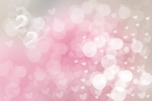 Abstract festive blur bright pink pastel background with white and pink hearts love bokeh for valentine or wedding card. Space for design. Card concept.