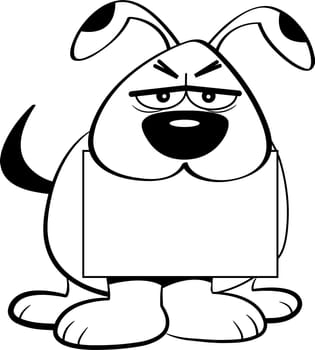 Black and white illustration of an angry dog holding a sign in it's mouth.