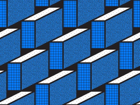 Vector geometric seamless patterns with textured bold mathematical shapes in blue, white, black colors