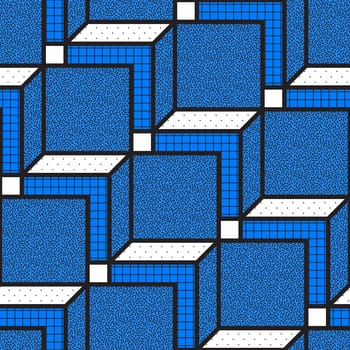 Vector geometric seamless patterns with textured bold mathematical shapes in blue, white, black colors