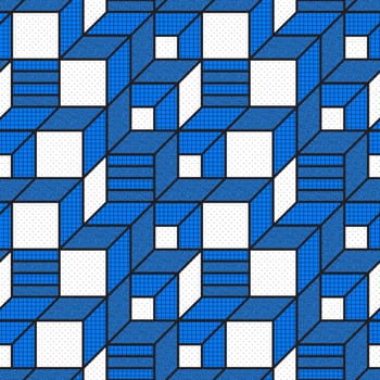 Vector geometric seamless patterns with textured bold mathematical shapes in blue, white, black colors