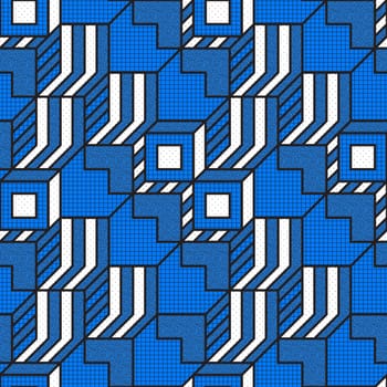Vector geometric seamless patterns with textured bold mathematical shapes in blue, white, black colors