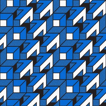 Vector geometric seamless patterns with textured bold mathematical shapes in blue, white, black colors