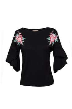 Black womans clothing. A female black summer shirt or blouse with a floral print isolated on a white background. Summer fashion.