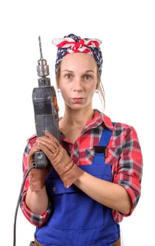 Vintage pretty young woman with a drill on the white background