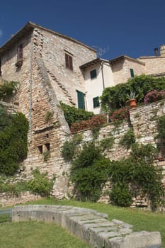 Old stone house overgrown with creepers and decorated with potted plants