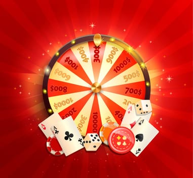 Flyer for casino online with poker cards, playing dice, chips, fortune wheel and other gambling design elements. Banner or poster template on shiny red background. Vector illustration.