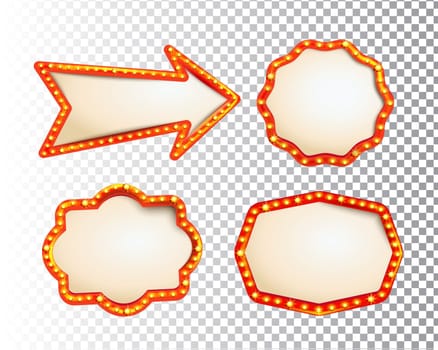 Shining isolated retroset bulb light frames and arrow on transparent background. Vintage style banner, sign, signboard. Perfect template for shows, casino, cinema, circus. Vector illustration EPS 10