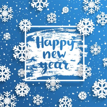 Happy New Year greeting card with square frame and snowflakes on frosty window.Wishing happy holidays, hand drawn lettering. Vector illustration.