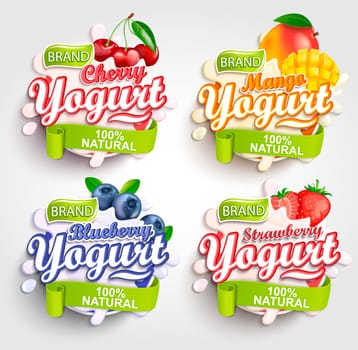 Mango, cherry, strawberry and blueberry Yogurt label with splash, Fresh and Natural,for your brand,logo and template,label,emblem for groceries, stores and packaging, advertising.Vector illustration.