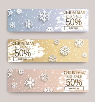 Christmas big sale banners with snowflakes on frosty design template. 50 percent Discount cards for web, poster, flyers, ad, promotions, blogs, social media, marketing. Vector illustration.