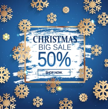 Christmas big sale gold banner with square frame and snowflakes on frosty window. 50 percent Discount card for web, poster, flyers, ad, promotions, blogs, social media, marketing. Vector illustration.