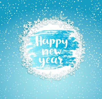 Happy New Year greeting card with vintage frame from snowflakes on frosty window. Greeting new year with wishing happy holidays, hand drawn lettering. Vector illustration.