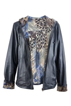 Leather jacket. Stylish elegant and luxurious female blue woman leather jacket isolated on a white background. Women fashion.
