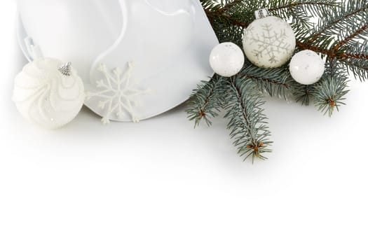 Construction hard hat, fir tree branches and Christmas ornament isolated on a white background. New Year and Christmas. Top view with copy space