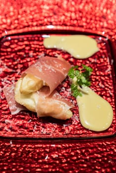 Arranged small ball : Deep fried  European pear tempura with Prosciutto parma ham