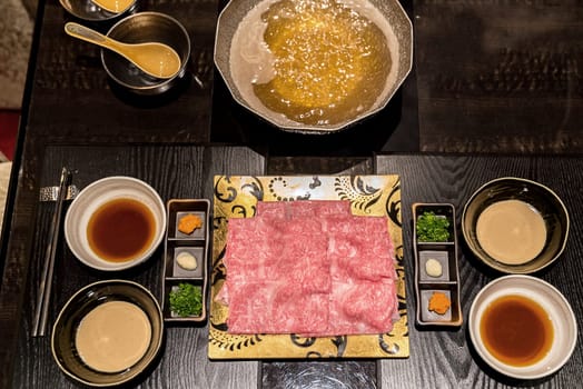 matsusaka beef A5 Wagyu Beef Shabu shabu Set with steam, Groumet Japanese hot pot cuisine