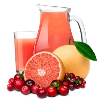Cranberry grapefruit juice in both glass (highball) and pitcher with fruits on foreground. Separate clipping paths for whole composite, for fruits and for drop shadow. Infinite depth of field