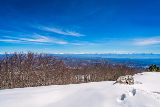 Stunning mountain winter landscape panorama as seen from the top of Mount Lovcen in Lovcen National Park, Montenegro