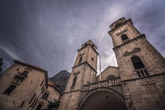 Impressive Cathedral of St Tryphon in the Old Town in Kotor after sunset, Montenegro