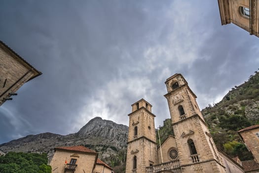 Impressive Cathedral of St Tryphon in the Old Town in Kotor after sunset, Montenegro