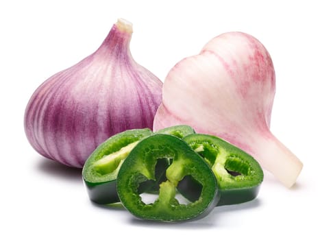 Whole garlic bulbs with sliced green Jalapeno pepper. Clipping path, shadow separated. Design elements.
