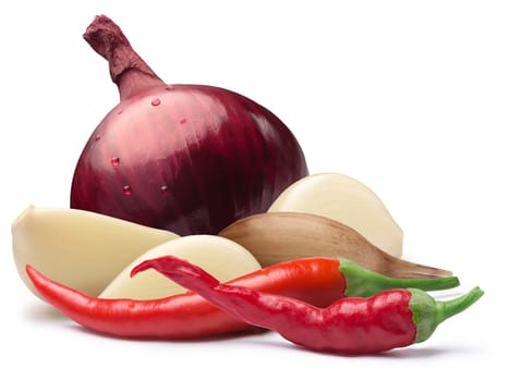 Garlic cloves with whole red onion and hot cayenne pepper together. Clipping paths, shadows separated. Design elements