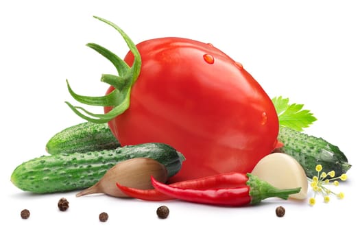 Gherkins (tiny cucumbers or cornichons) with oblong tomato for pickling or canning. Clipping path, shadow separated. Design elements
