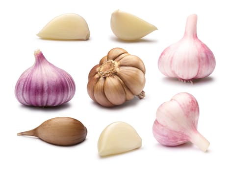 Set of different garlic bulbs, cloves, peeled, split and whole. Clipping paths, shadows separated. Design elements