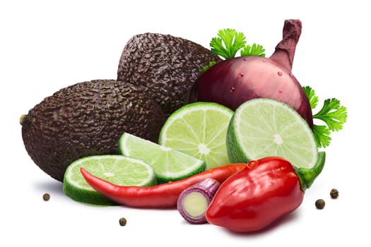 Ingredients for colorful Guacamole dip. Hass avocados, limes, Cayenne and Habanero peppers, red onion and cilantro. Clipping paths, shadow separated