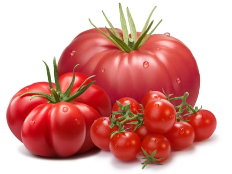 Heirloom ribbed tomatoes, three cultivars: Togorific, Pink Accordion, Tiny Toms. Clipping paths, shadow separated, infinite depth of field.