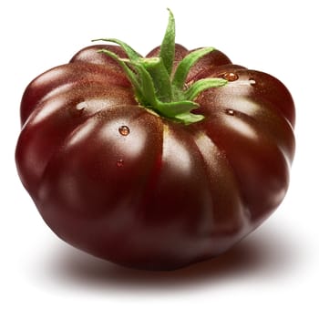 Black ribbed heirloom tomato with sepal. Clipping paths, shadows separated, infinite depth of field. Design element
