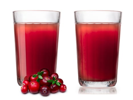 Faceted glasses  with cranberry juice. One glass alone, one with berries on foreground. Separate clipping paths for each glass, for berries and for shadows