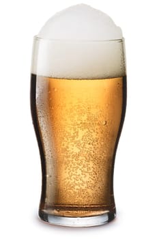 Moist glass of cold, frothy light beer with foam. Separate clipping paths for both glass and shadow, infinite depth of field