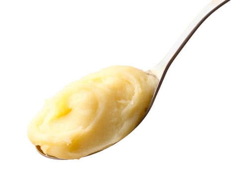 Spoon of plain mashed potato (potato puree). Clipping path, infinite depth of field