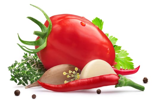 Fresh tomato for pickling with herbs, chili peppers and garlic. Clipping path, shadow separated. Design elements