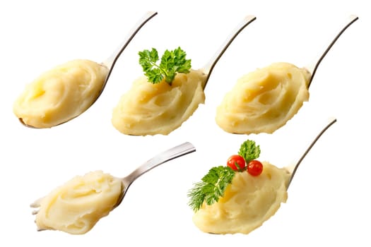 Set of spoons with mashed potato (puree). Clipping paths for each spoon, infinite depth of field
