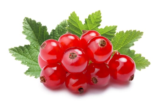 Redcurrant pile (Ribes Rubrum) with leaves. Clipping paths, shadow separated, infinite depth of filed