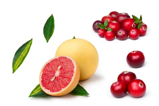 Set of cranberries, whole and sliced pink grapefruit isolated on white. Exploded view. Large depth of field
