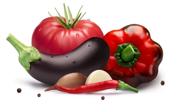 Fresh heirloom tomato with sweet bell pepper and eggplant for pickling or canning with chili pepper and garlic. Clipping path, shadow separated. Design elements. Solanaceae family vegetables