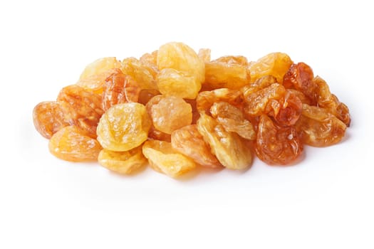Golden natural seedless raisins from California. Dried treated grapes. Retouched, large depth of field