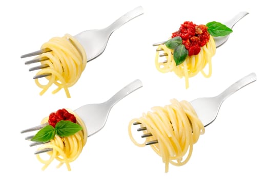 Set of ppaghetti with tomato sauce and basil leaves on a fork. Infinite depth of field, clipping paths for each fork