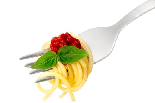 Spaghetti with tomato sauce and basil leaves on a fork. Infinite depth of field, clipping path