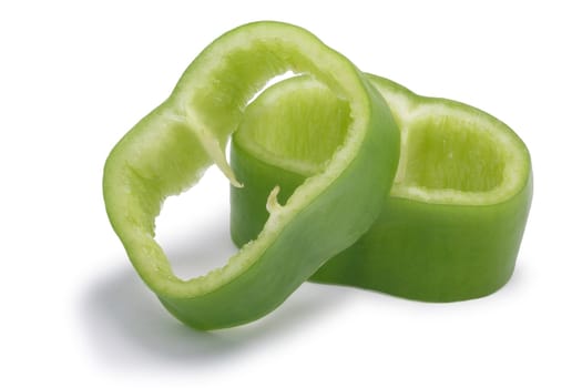 Numex Big Jim green chile peppers, sliced or diced. New Mexico pod type (Capsicum annuum). Clipping paths, shadow separated