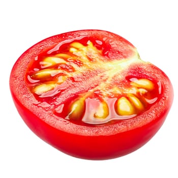 Tiny cherry tomato half (Solanum lycopersicum var. cerasiforme). Clipping path, shadowless
