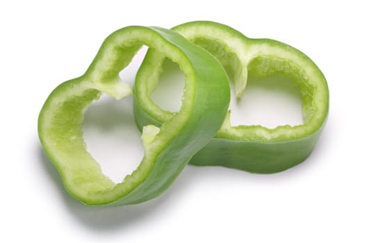 Numex Big Jim green chile peppers, sliced or diced. New Mexico pod type (Capsicum annuum). Clipping paths, shadow separated, top view